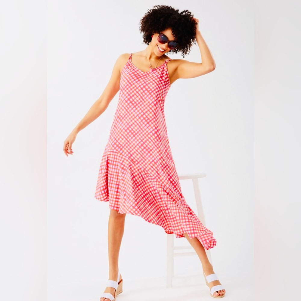 TOMMY BAHAMA Harbour Island Gingham Asymmetric Ruffle Dress swim coverup Size M - Picture 2 of 8
